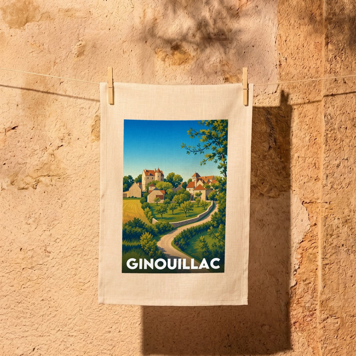 Torchon souvenir de la ville de Ginouillac avec une illustration stylisée du village.
