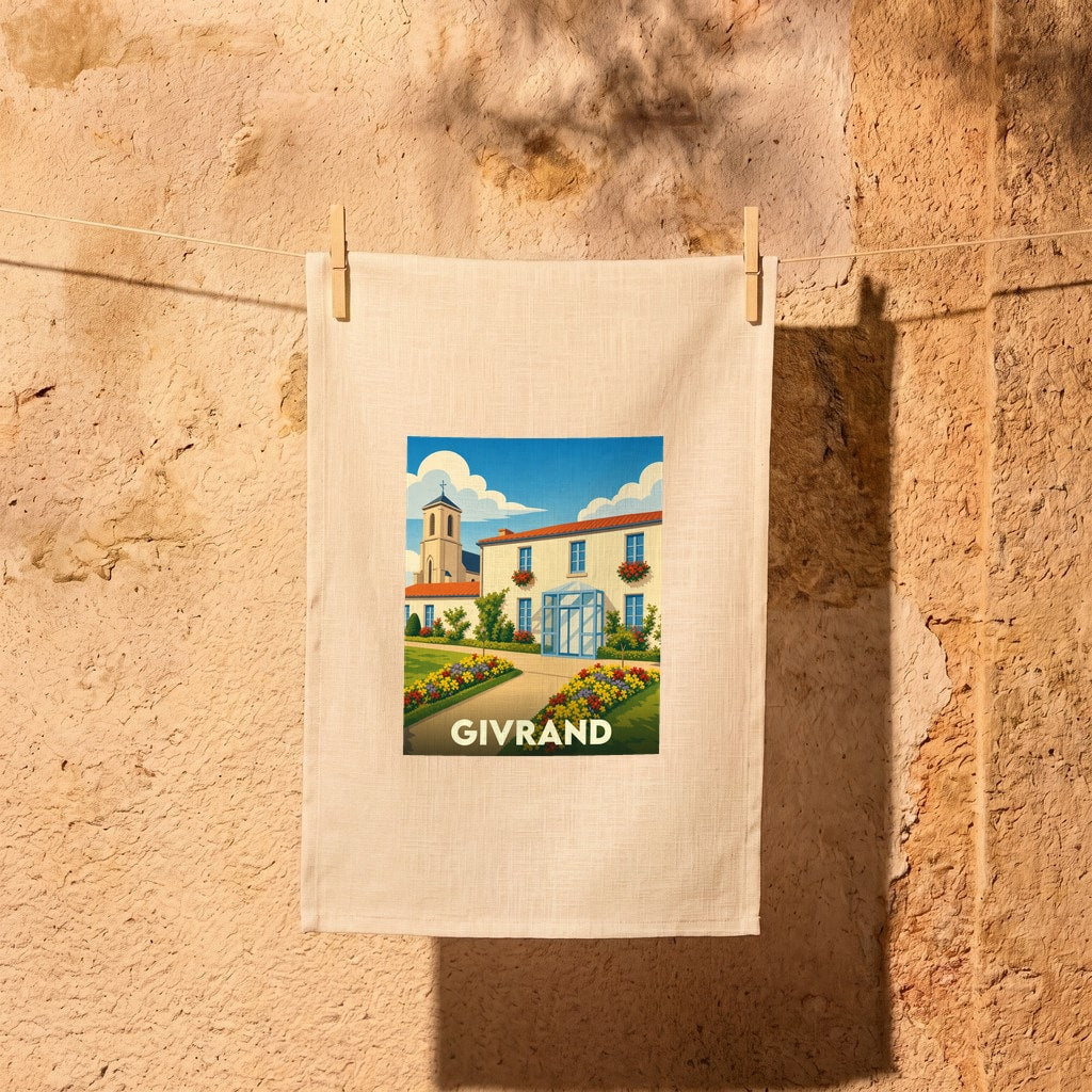 Torchon souvenir de la ville de Givrand avec une illustration stylisée.