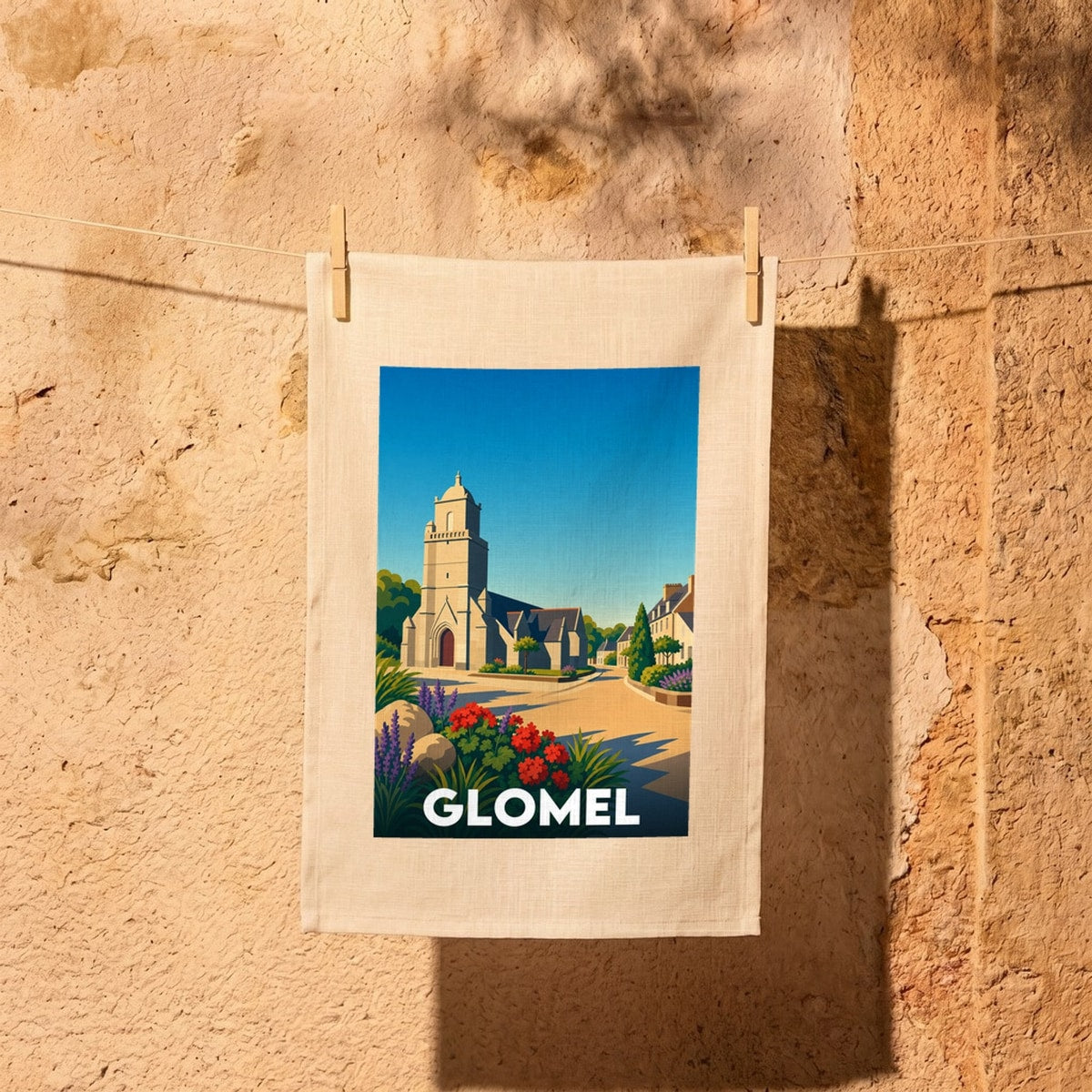 Torchon souvenir de la ville de Glomel avec une illustration stylisée de son église.