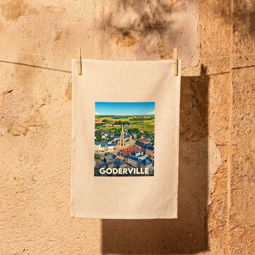 Torchon souvenir de la ville de Goderville orné d'une illustration panoramique stylisée.