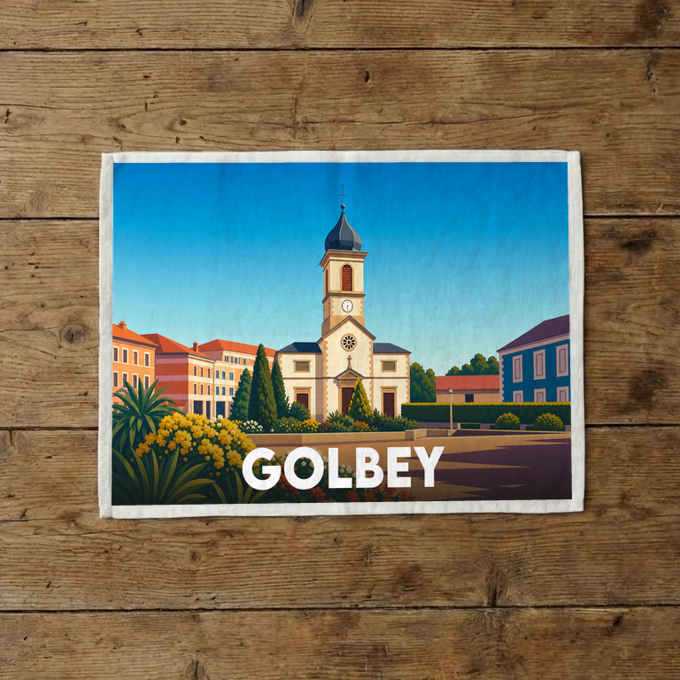 Torchon souvenir de la ville de Golbey orné d'une illustration stylisée de son église et de son centre-ville.