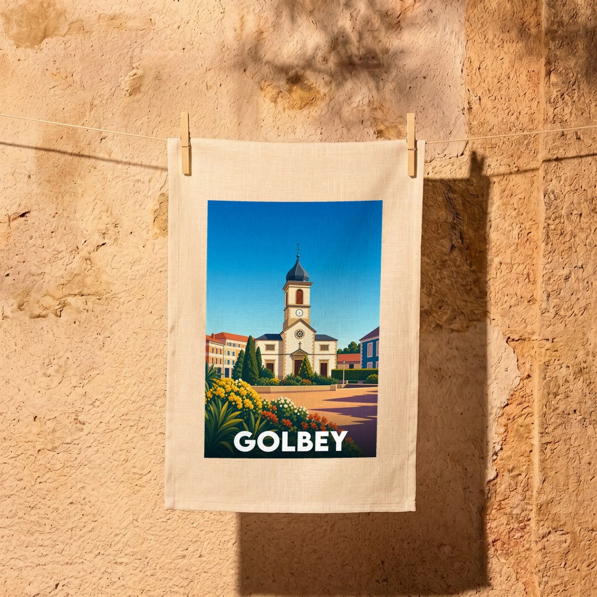 Torchon souvenir de la ville de Golbey orné d'une illustration stylisée de son église et de son centre-ville.