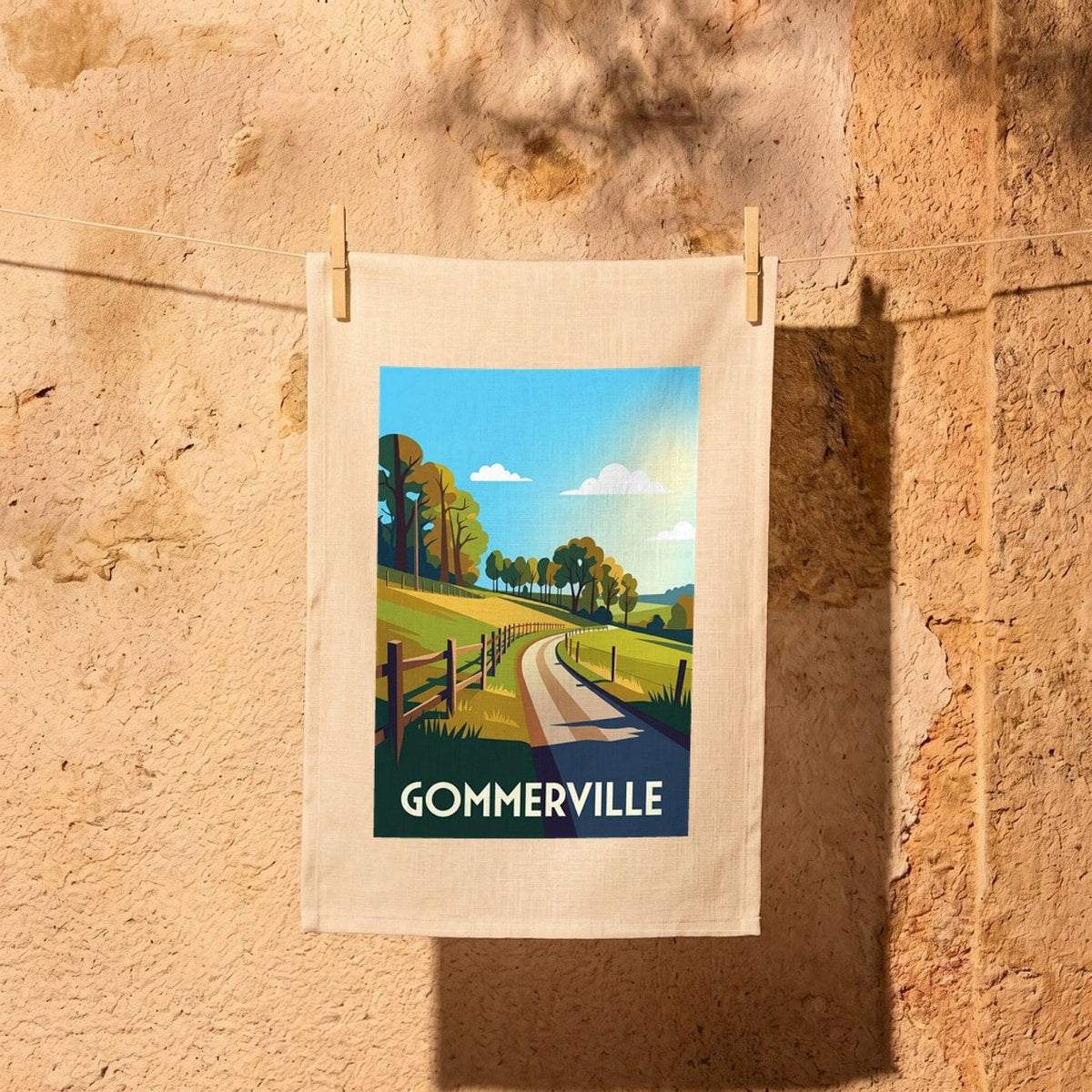 Torchon souvenir de la ville de Gommerville avec une illustration stylisée d'un paysage champêtre.