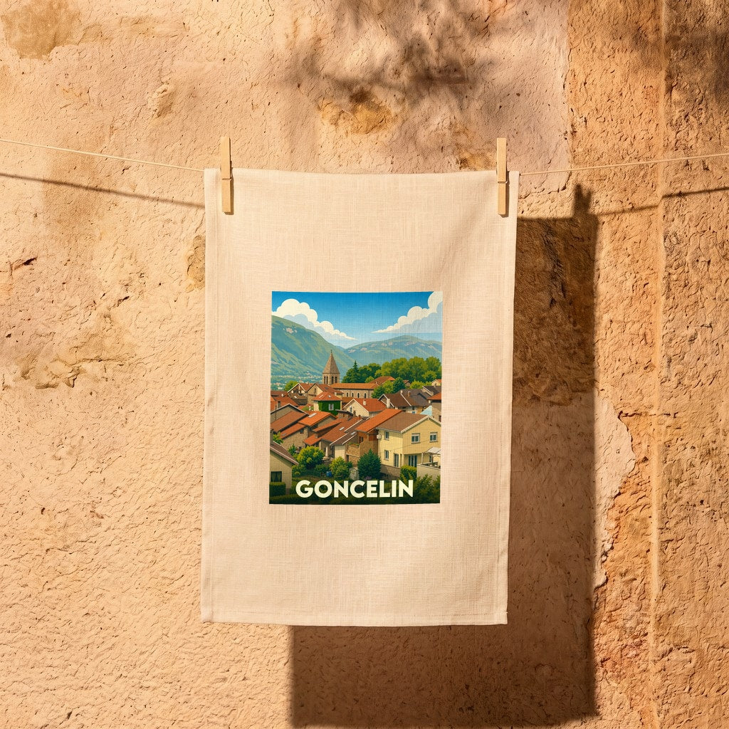 Torchon souvenir de la ville de Goncelin avec une illustration stylisée d'un village de montagne.