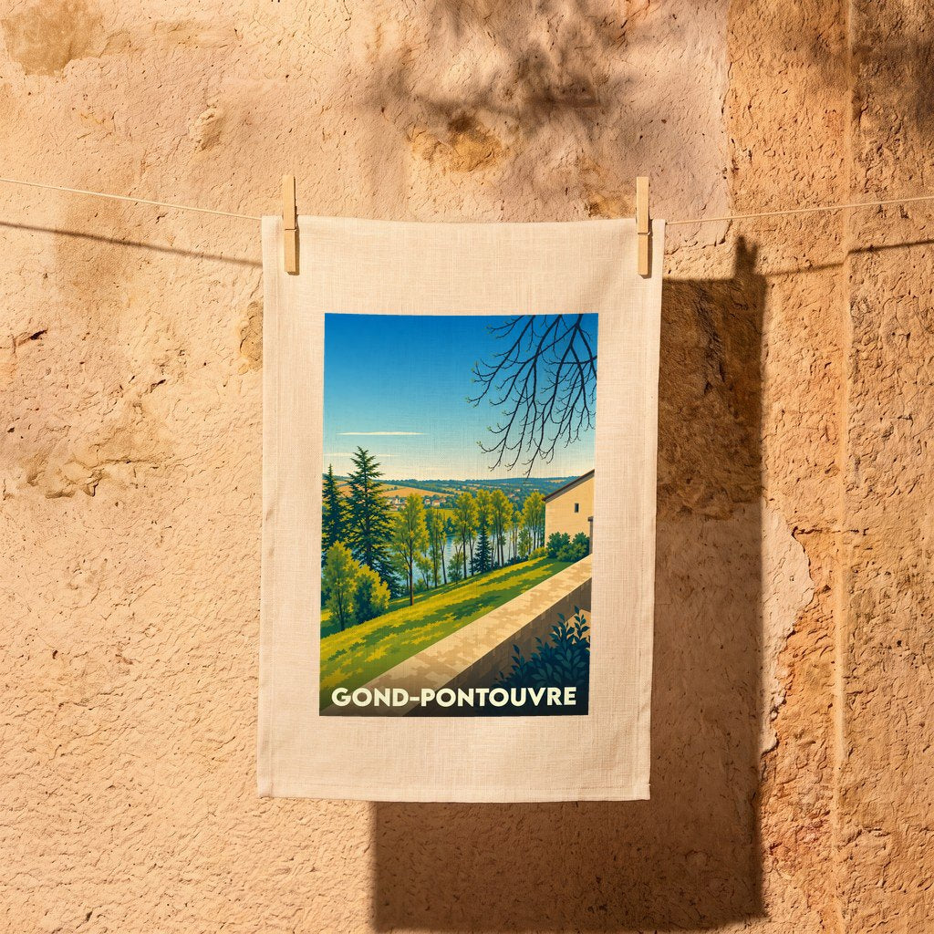 Torchon souvenir de la ville de Gond-Pontouvre avec une illustration stylisée de son paysage.