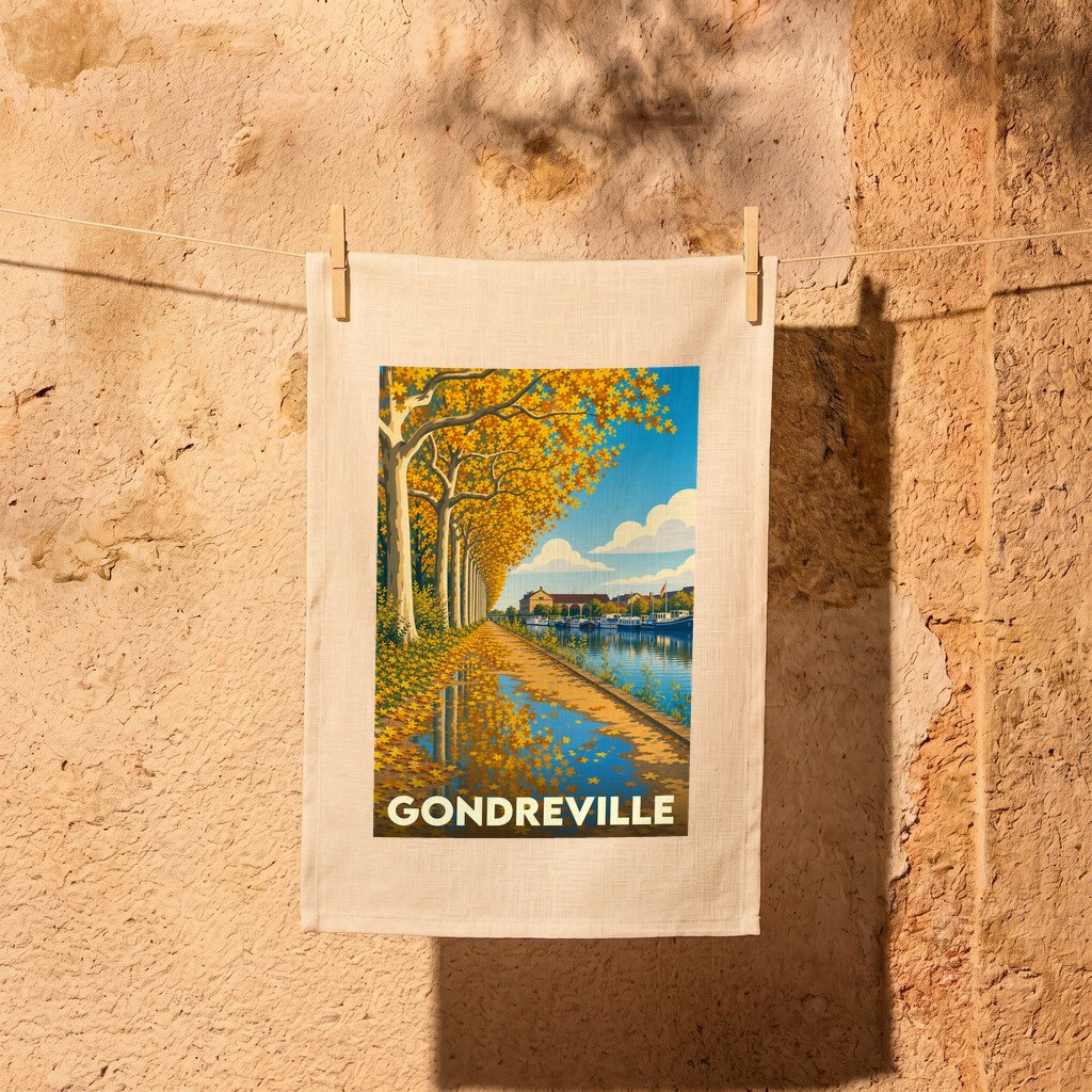 Torchon souvenir de la ville de Gondreville orné d'une illustration automnale stylisée.