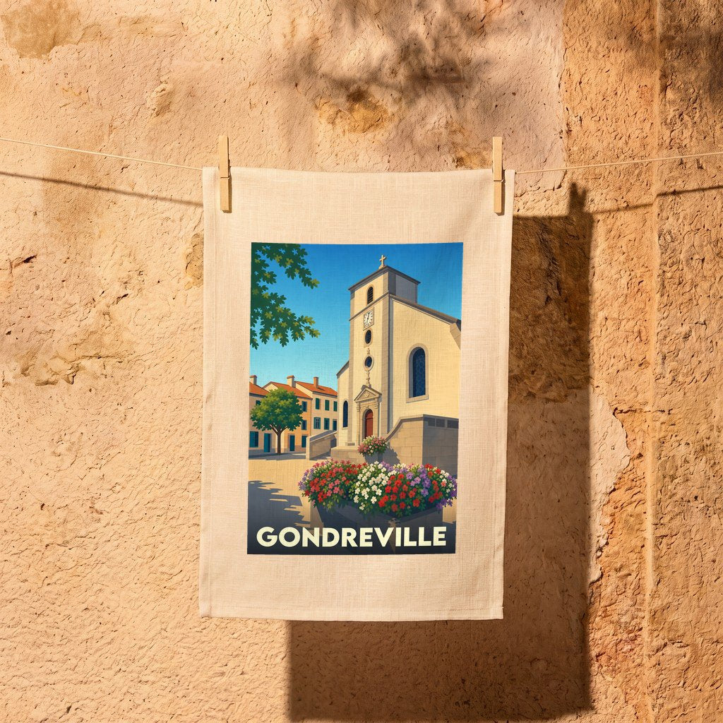 Torchon souvenir de la ville de Gondreville avec une illustration stylisée de son église et de parterres fleuris.