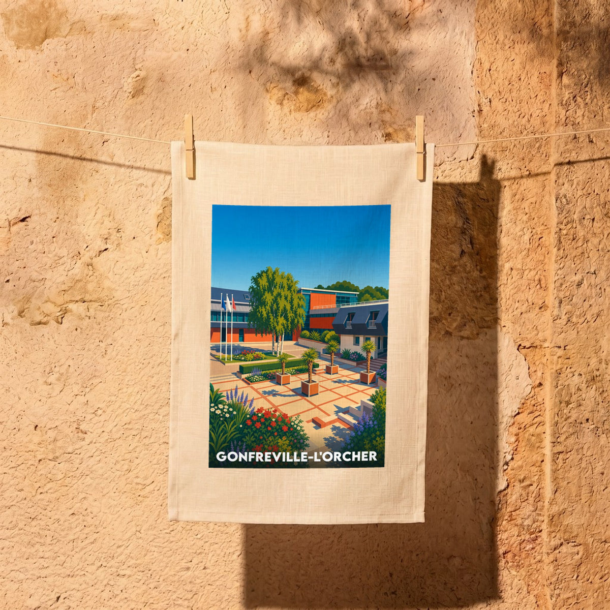 Torchon souvenir de la ville de Gonfreville-l'Orcher illustré d'un dessin coloré et stylisé de l'Hôtel de Ville.