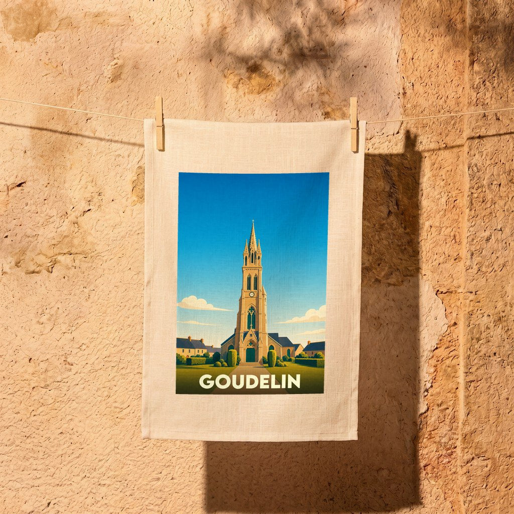 Torchon souvenir de la ville de Goudelin avec une illustration stylisée d'une église.