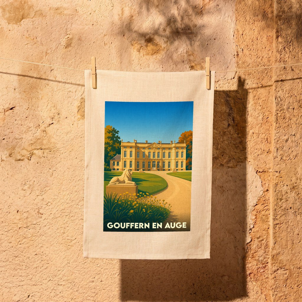 Torchon souvenir de la ville de Gouffern en Auge avec une illustration stylisée d'un château et de ses jardins.