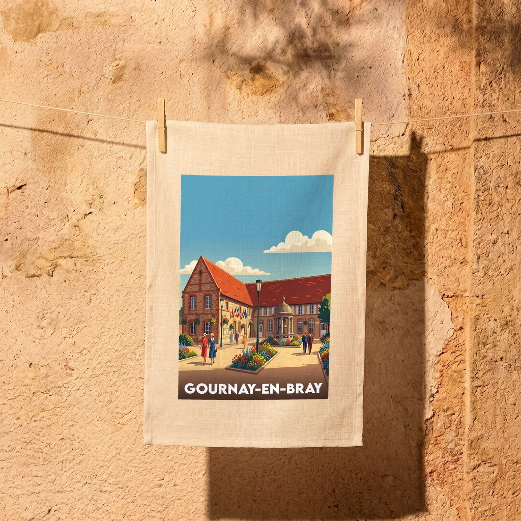 Torchon souvenir de la ville de Gournay-en-Bray avec une illustration colorée et stylisée.
