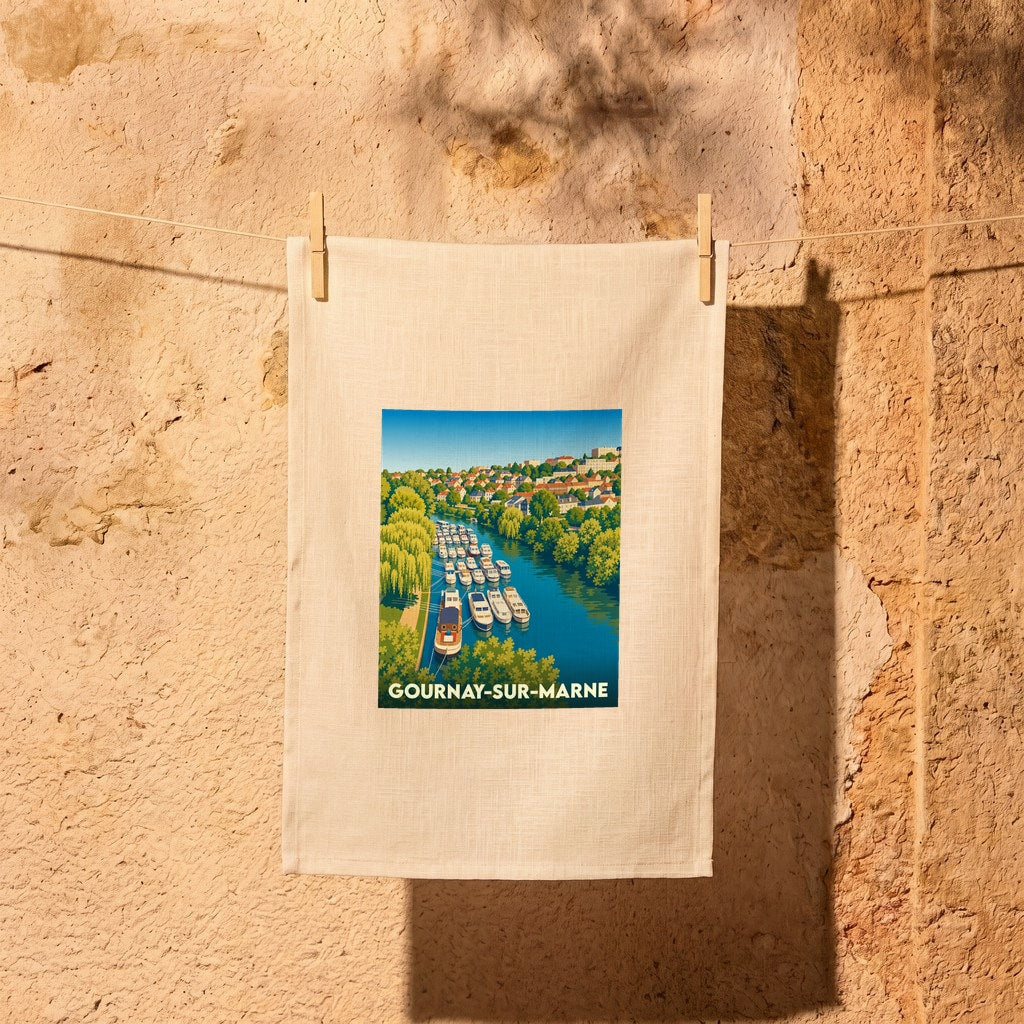 Torchon souvenir de la ville de Gournay-sur-Marne illustrant une scène de navigation sur la Marne.