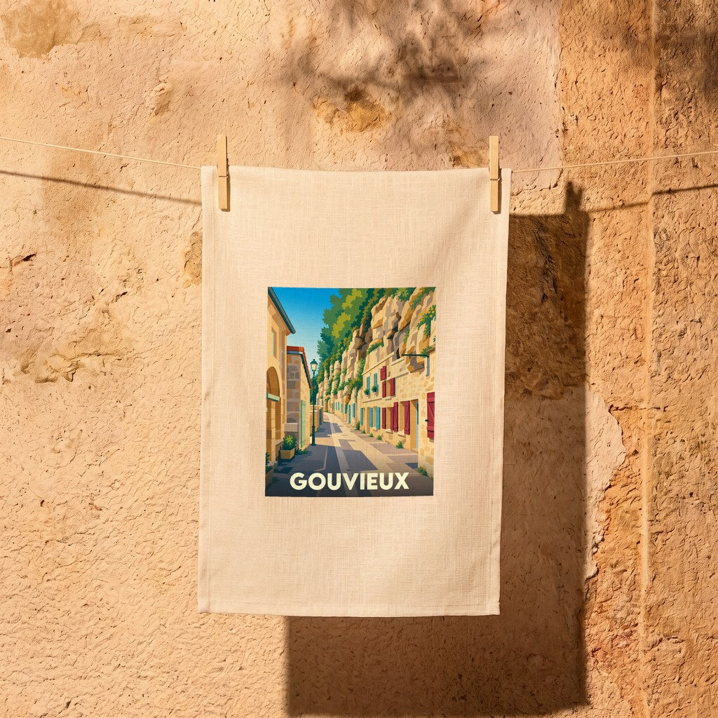 Torchon souvenir de la ville de Gouvieux orné d'une illustration stylisée de ses habitations troglodytiques.