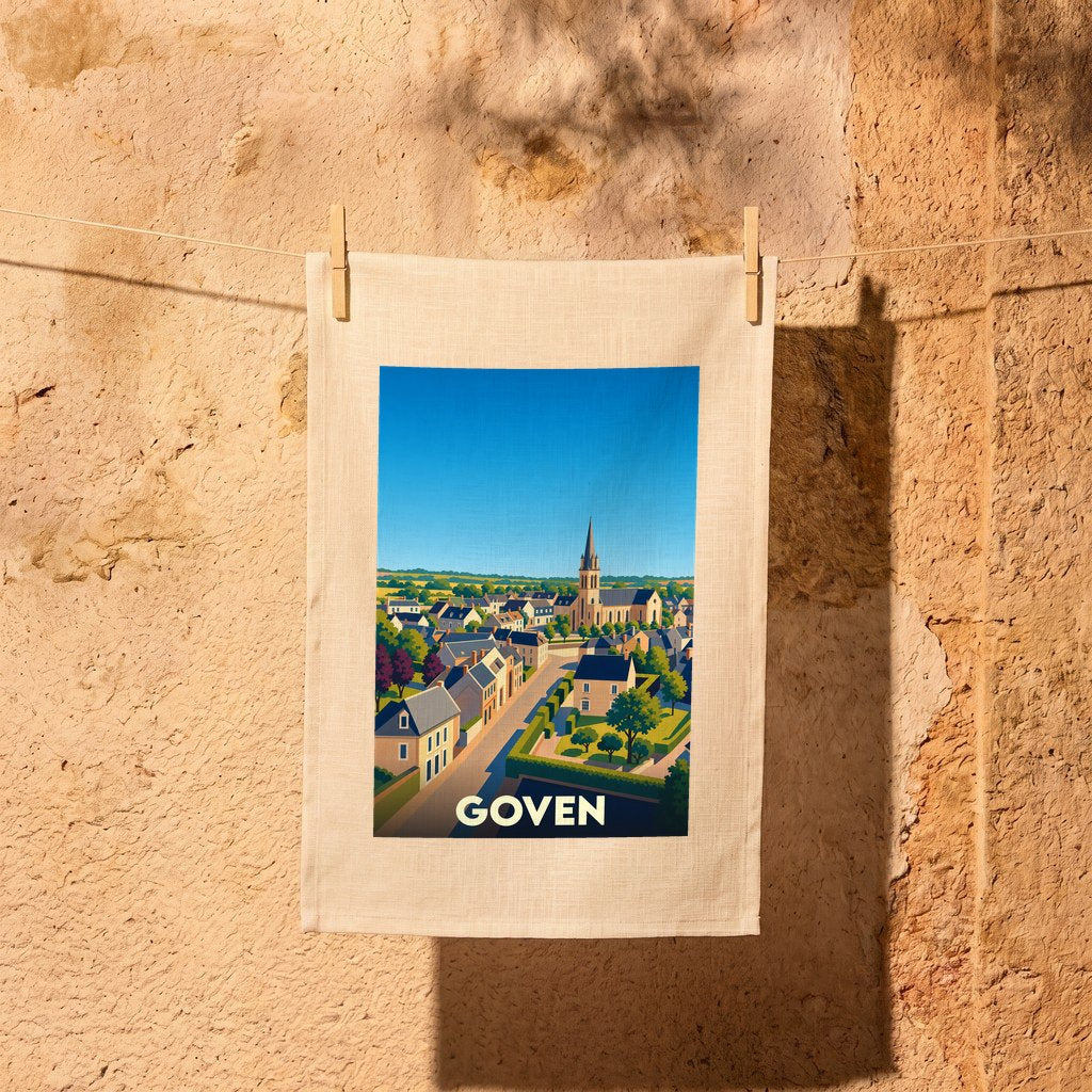 Torchon souvenir de la ville de Goven avec une illustration stylisée.