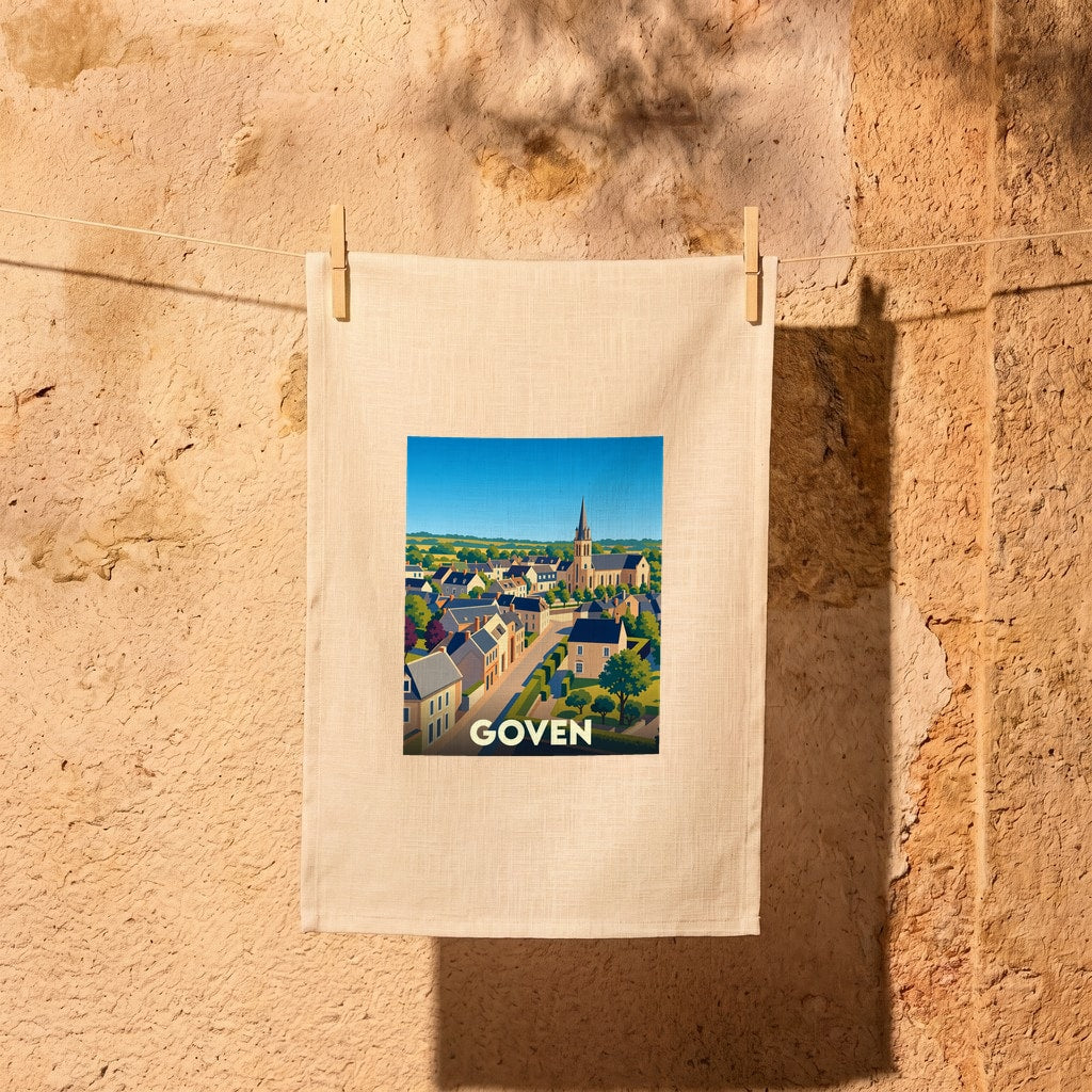 Torchon souvenir de la ville de Goven avec une illustration stylisée.