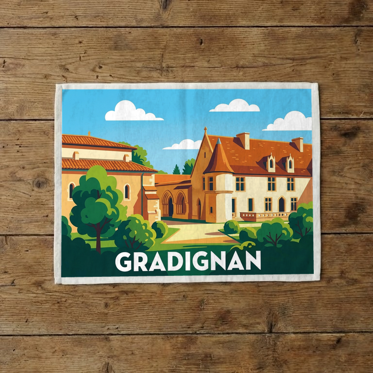 Torchon souvenir de la ville de Gradignan avec une illustration stylisée de ses bâtiments historiques.
