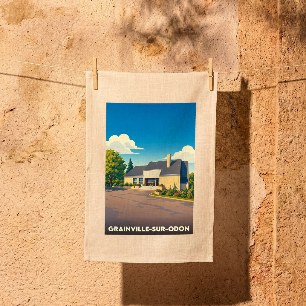 Torchon souvenir de la ville de Grainville-sur-Odon avec une illustration stylisée d'un paysage urbain.
