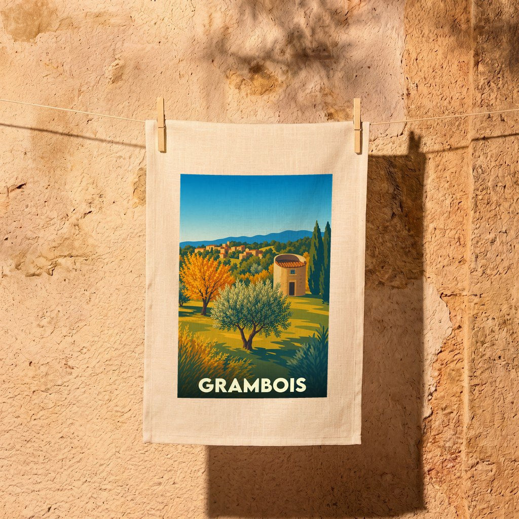 Torchon souvenir de la ville de Grambois avec une illustration stylisée d'un paysage provençal.