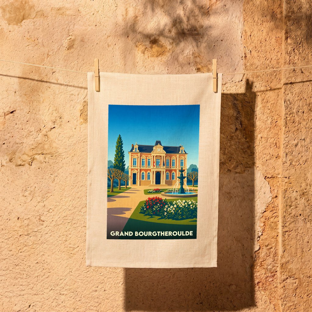 Torchon souvenir de la ville de Grand Bourgtheroulde orné d'une illustration stylisée de son hôtel de ville et d'un jardin.