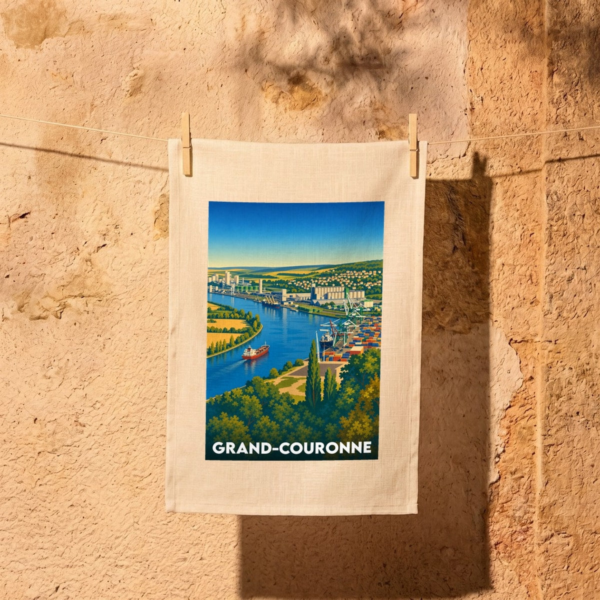 Torchon souvenir de la ville de Grand-Couronne avec une illustration stylisée de son port industriel et de la Seine.