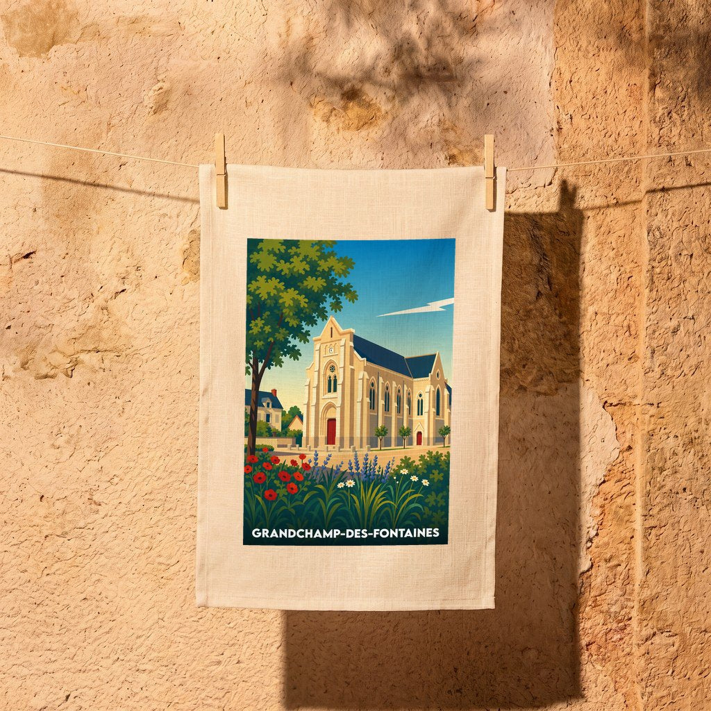 Torchon souvenir de la ville de Grandchamp-des-Fontaines avec une illustration stylisée de son église.