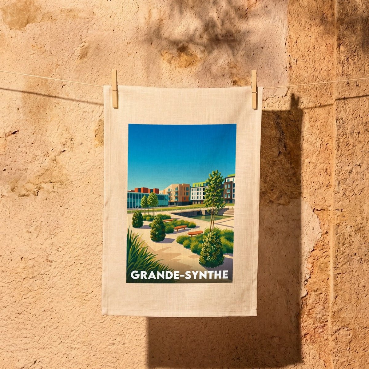 Torchon souvenir de la ville de Grande-Synthe avec une illustration stylisée de son paysage urbain.
