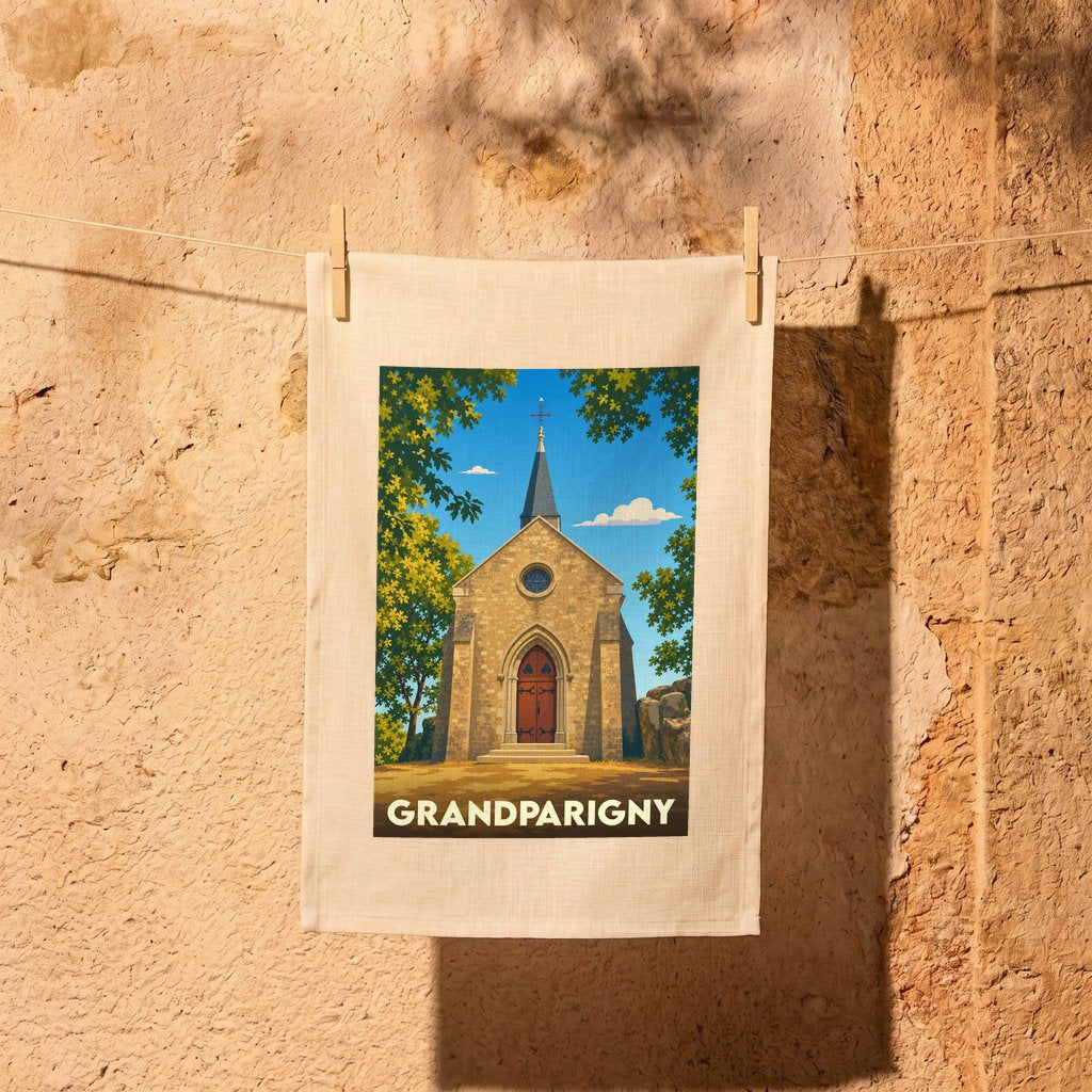 Torchon souvenir de la ville de Grandparigny avec une illustration stylisée de sa chapelle.