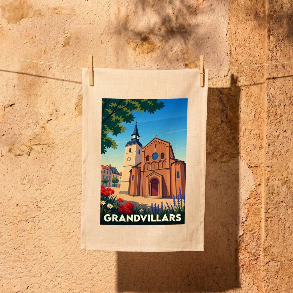 Torchon souvenir de la ville de Grandvillars orné d'une illustration stylisée de son église et de son clocher.