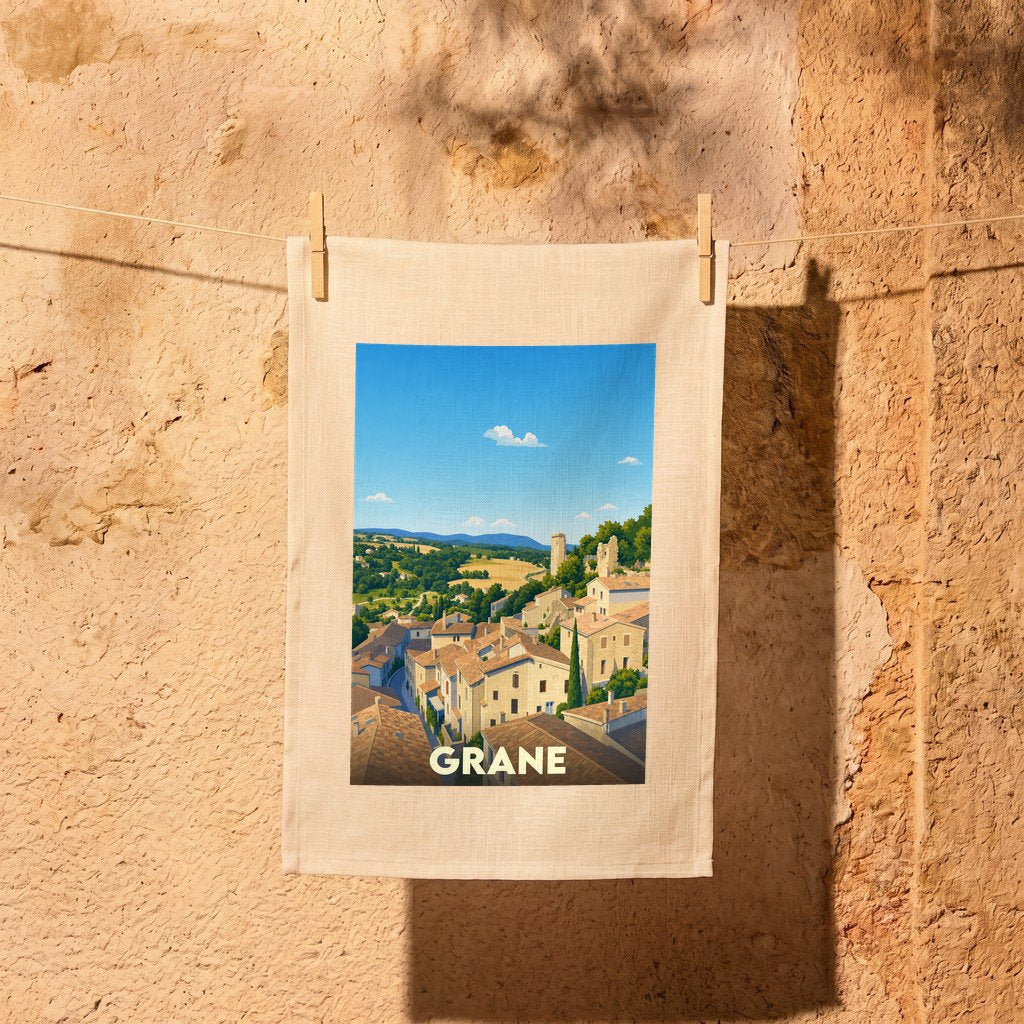 Torchon souvenir de la ville de Grane avec une illustration stylisée.