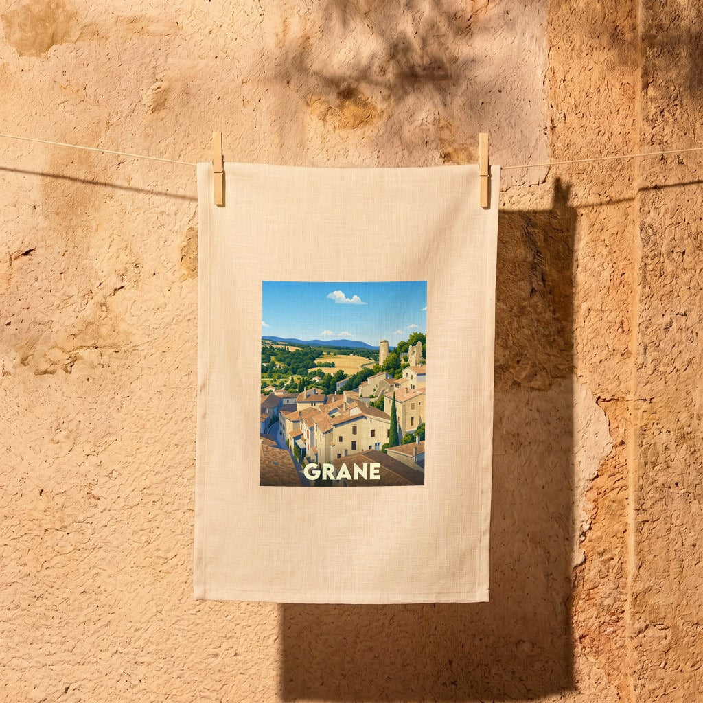 Torchon souvenir de la ville de Grane avec une illustration stylisée.