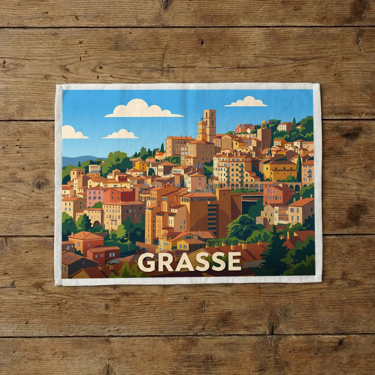 Torchon souvenir de la ville de Grasse avec une illustration stylisée et colorée de ses bâtiments provençaux.