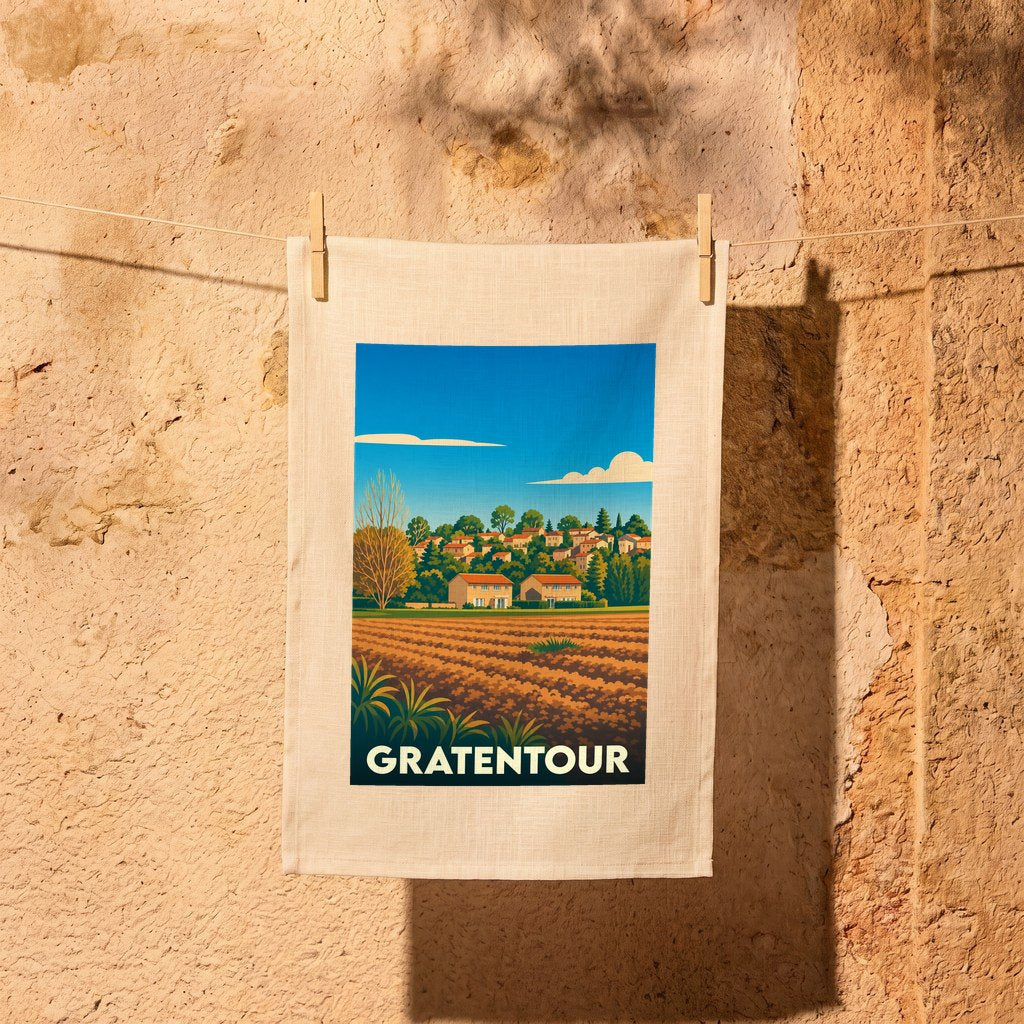 Torchon souvenir de la ville de Gratentour avec une illustration stylisée de son paysage rural.