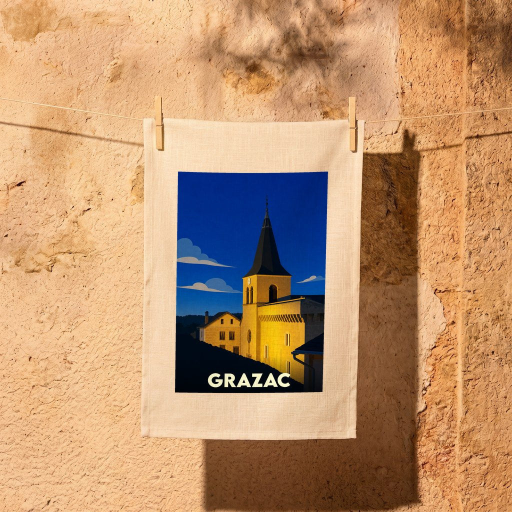 Torchon souvenir de la ville de Grazac avec une illustration stylisée d'un clocher au crépuscule.