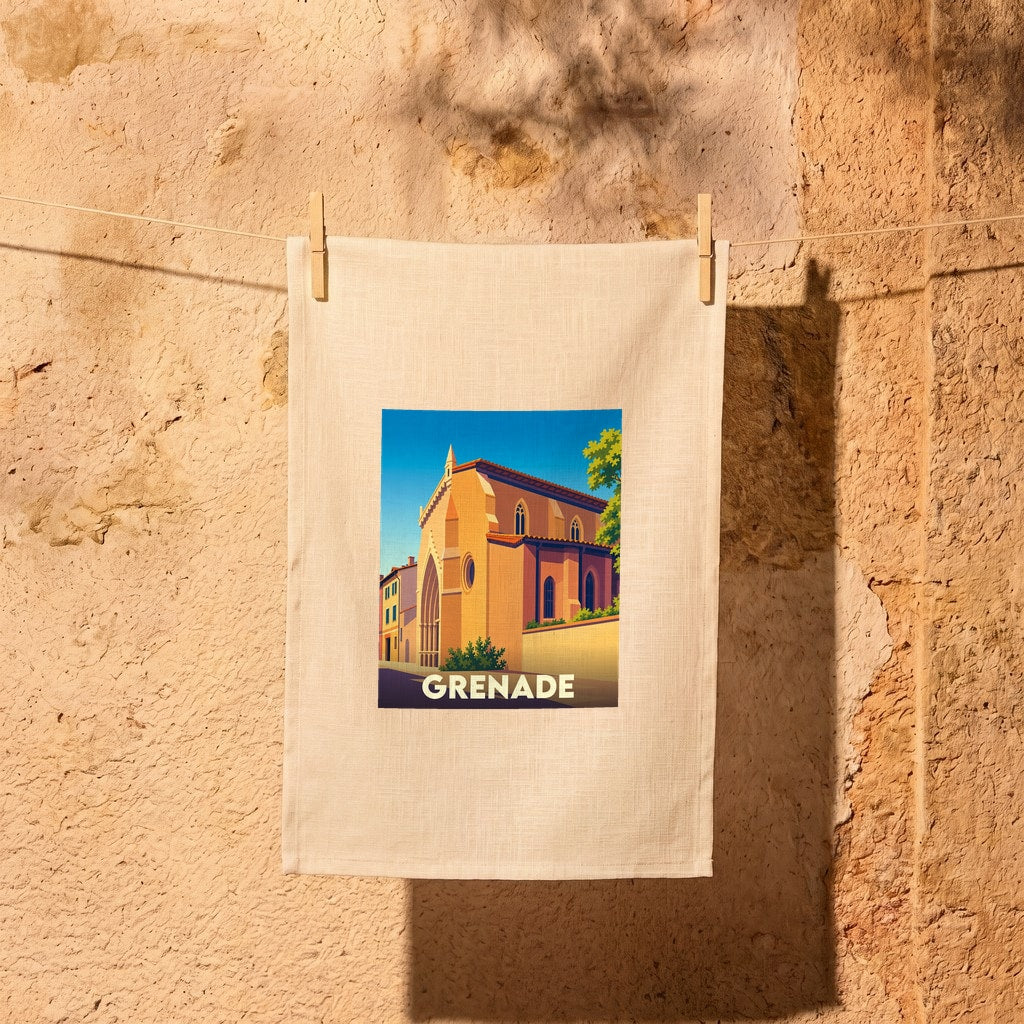 Torchon souvenir de la ville de Grenade illustré d'une église et de façades colorées dans un style rétro.
