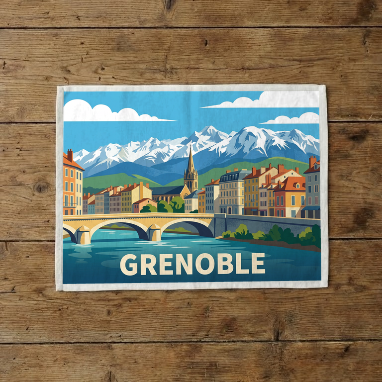 Torchon souvenir de la ville de Grenoble avec une illustration stylisée des montagnes enneigées et du centre historique.