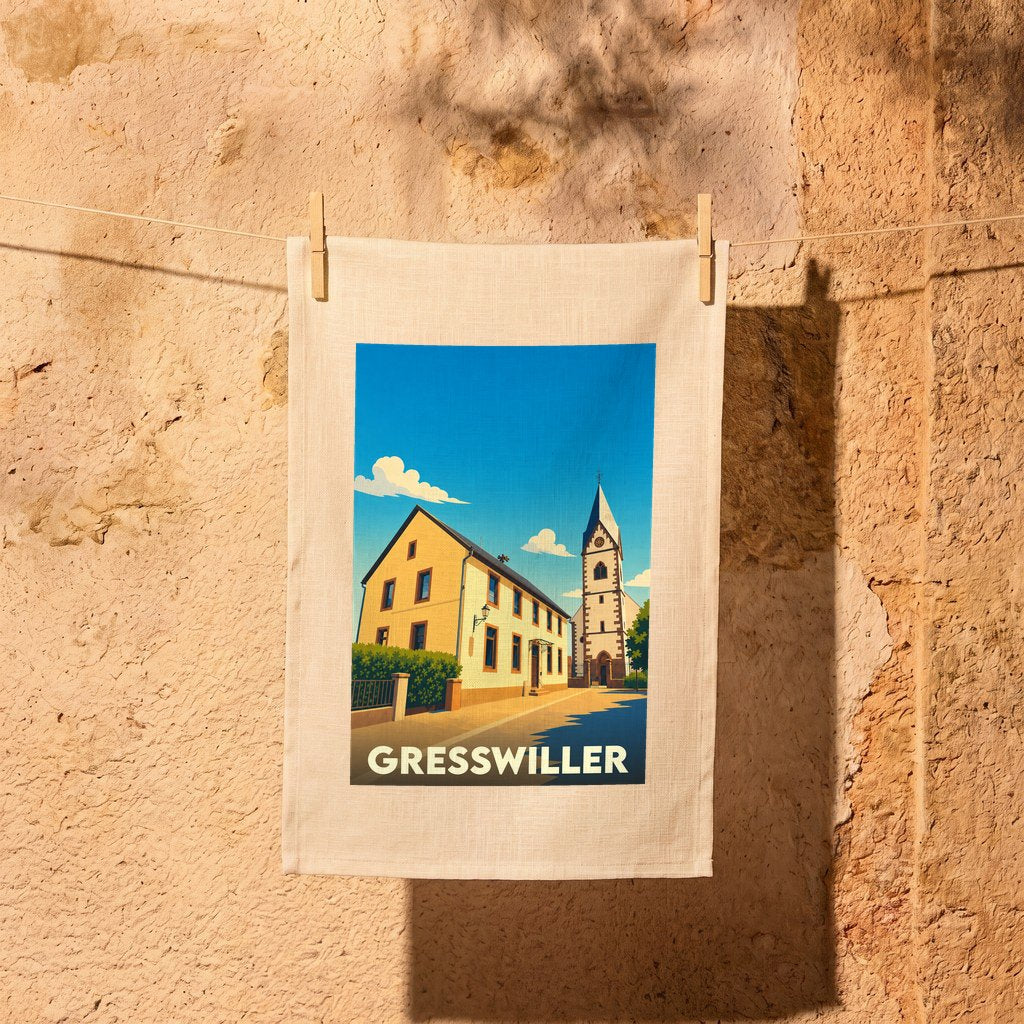 Torchon souvenir de la ville de Gresswiller illustré d'une scène pittoresque avec son église et ses maisons typiques.