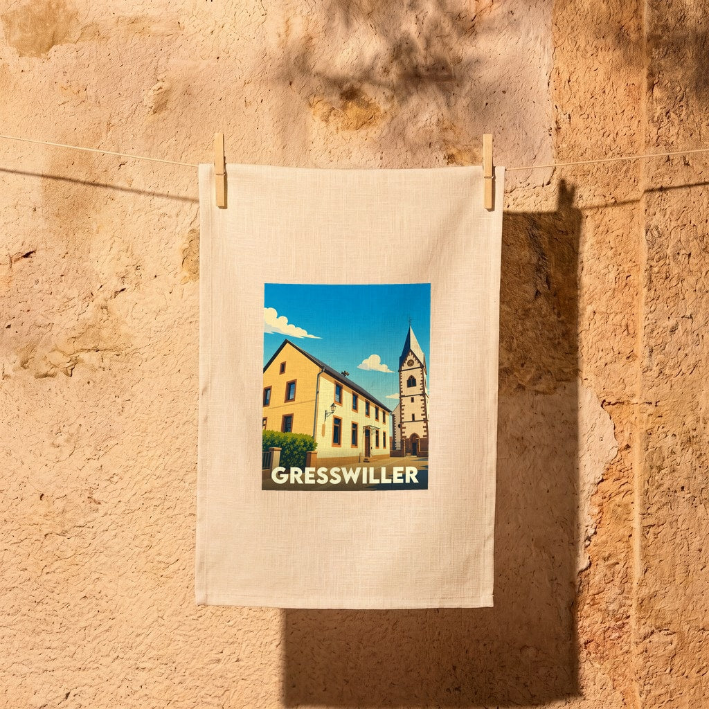 Torchon souvenir de la ville de Gresswiller illustré d'une scène pittoresque avec son église et ses maisons typiques.