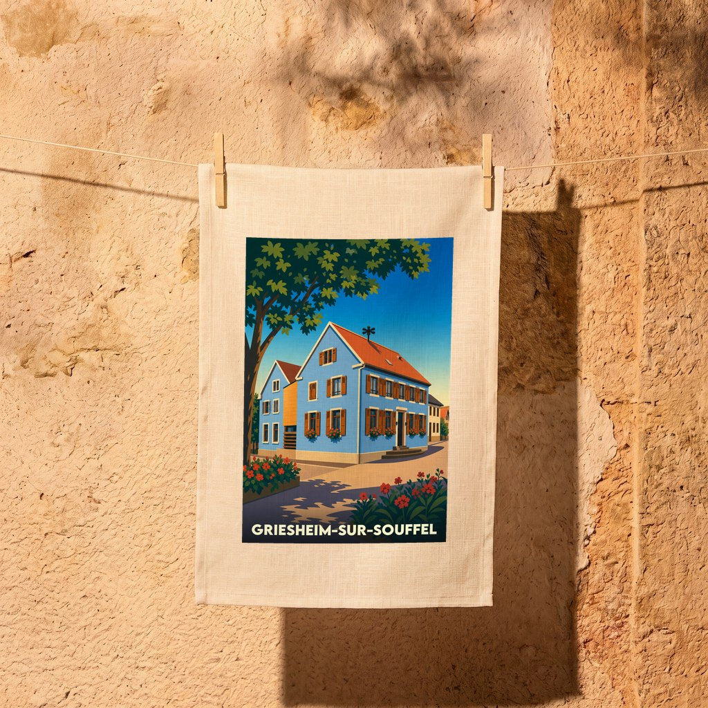 Torchon souvenir de la ville de Griesheim-sur-Souffel avec une illustration stylisée.