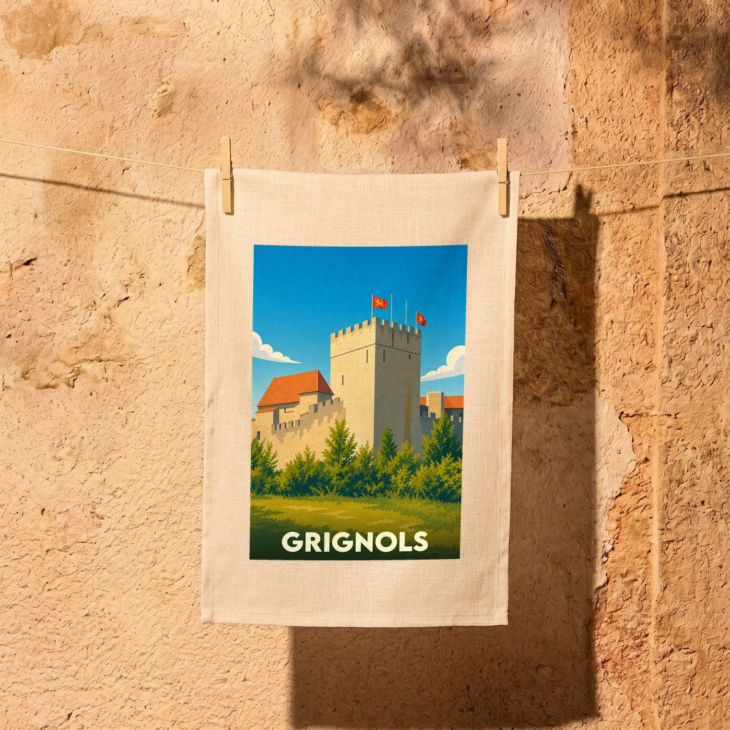 Torchon souvenir de la ville de Grignols orné d'une illustration stylisée de son château.