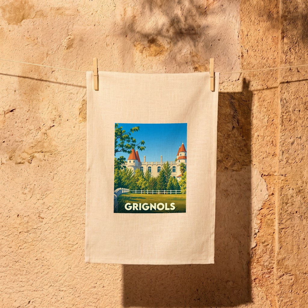 Torchon souvenir de la ville de Grignols avec une illustration stylisée de son château.