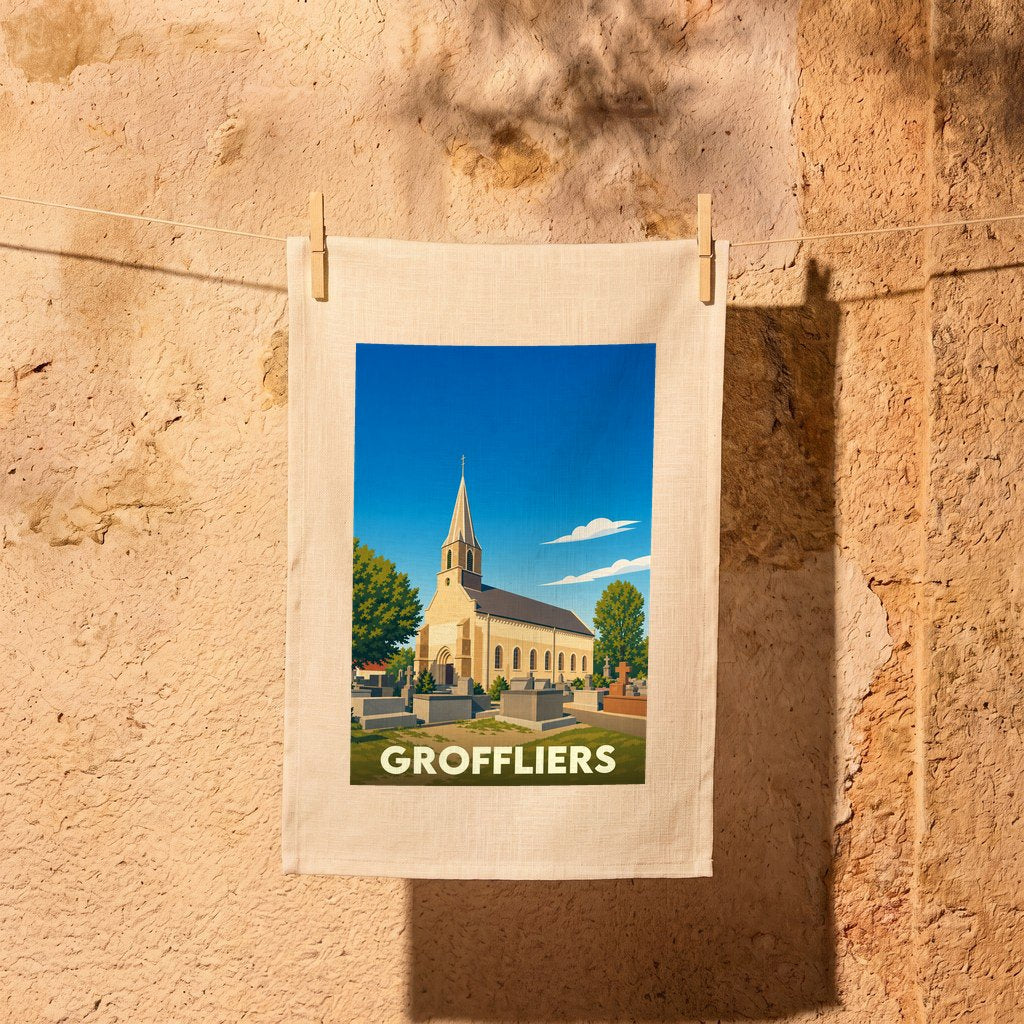 Torchon souvenir de la ville de Groffliers illustré d'une église sous un ciel bleu.
