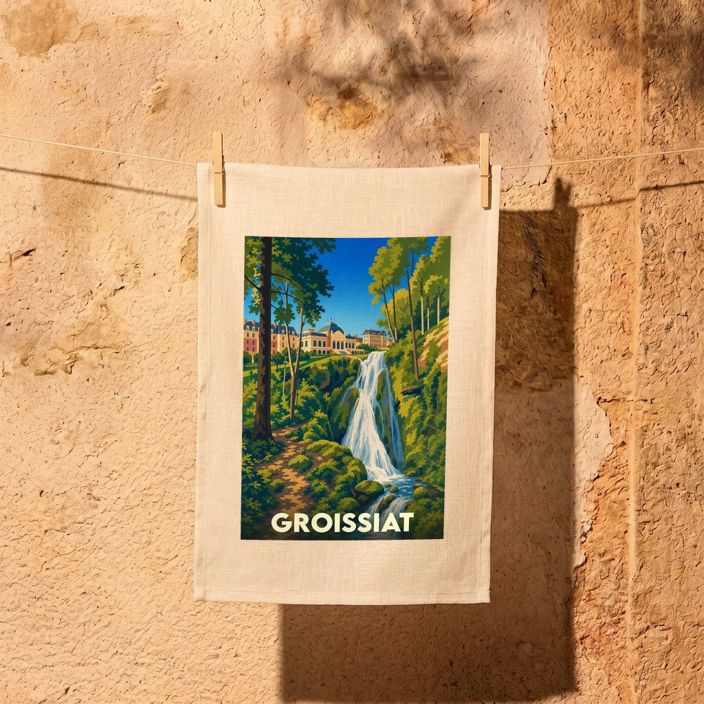Torchon souvenir de la ville de Groissiat avec une illustration stylisée d'une cascade.