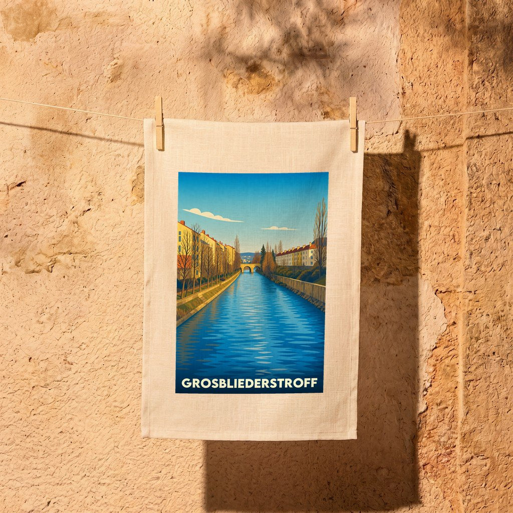 Torchon souvenir de la ville de Grosbliederstroff avec une illustration stylisée d'un canal.
