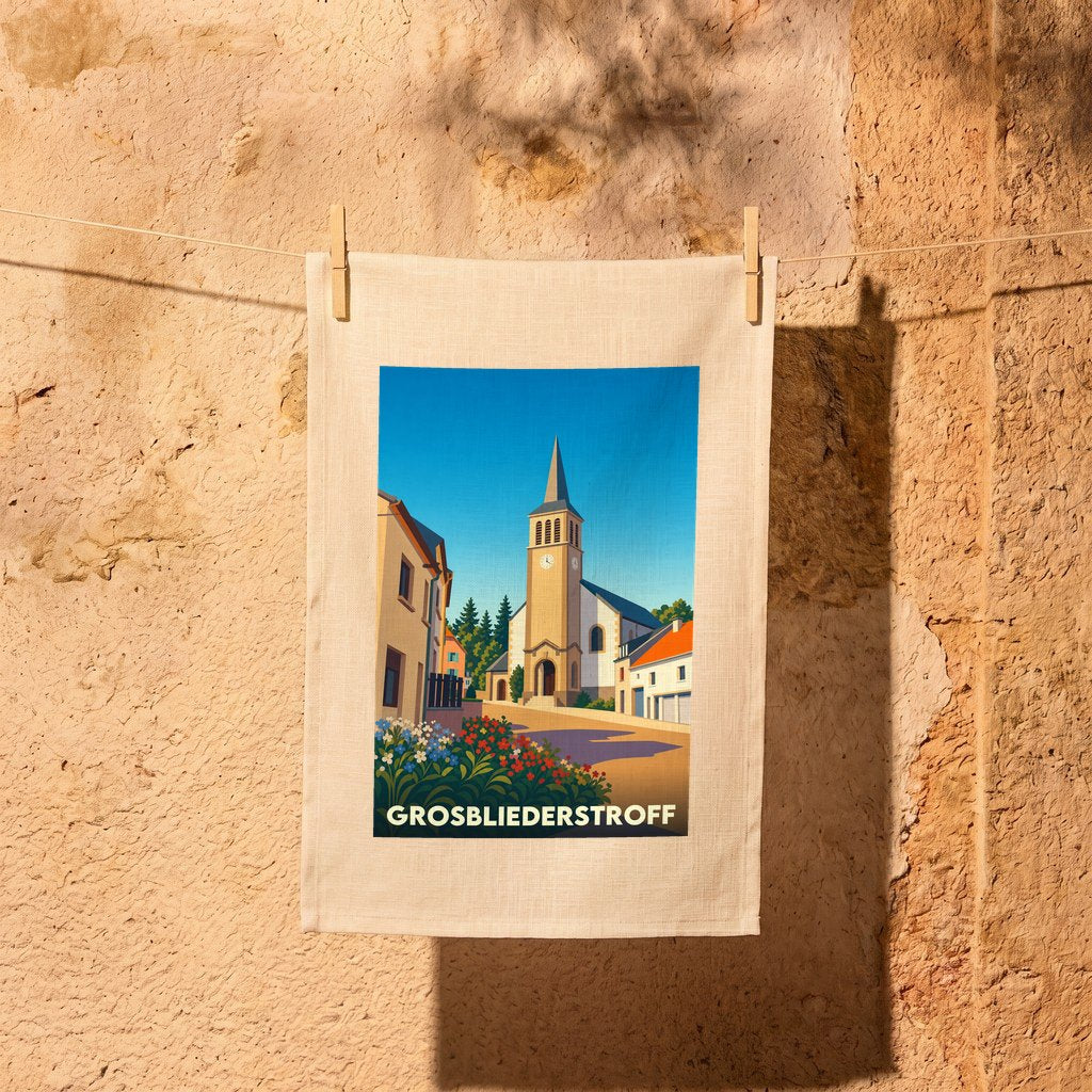 Torchon souvenir de la ville de Grosbliederstroff avec une illustration stylisée de son église.