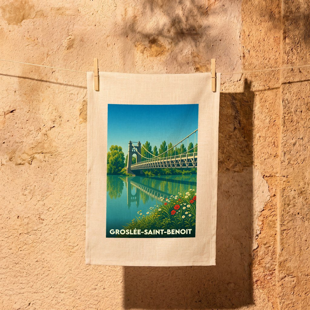 Torchon souvenir de la ville de Groslée-Saint-Benoît illustrant un pont suspendu dans un style vintage.