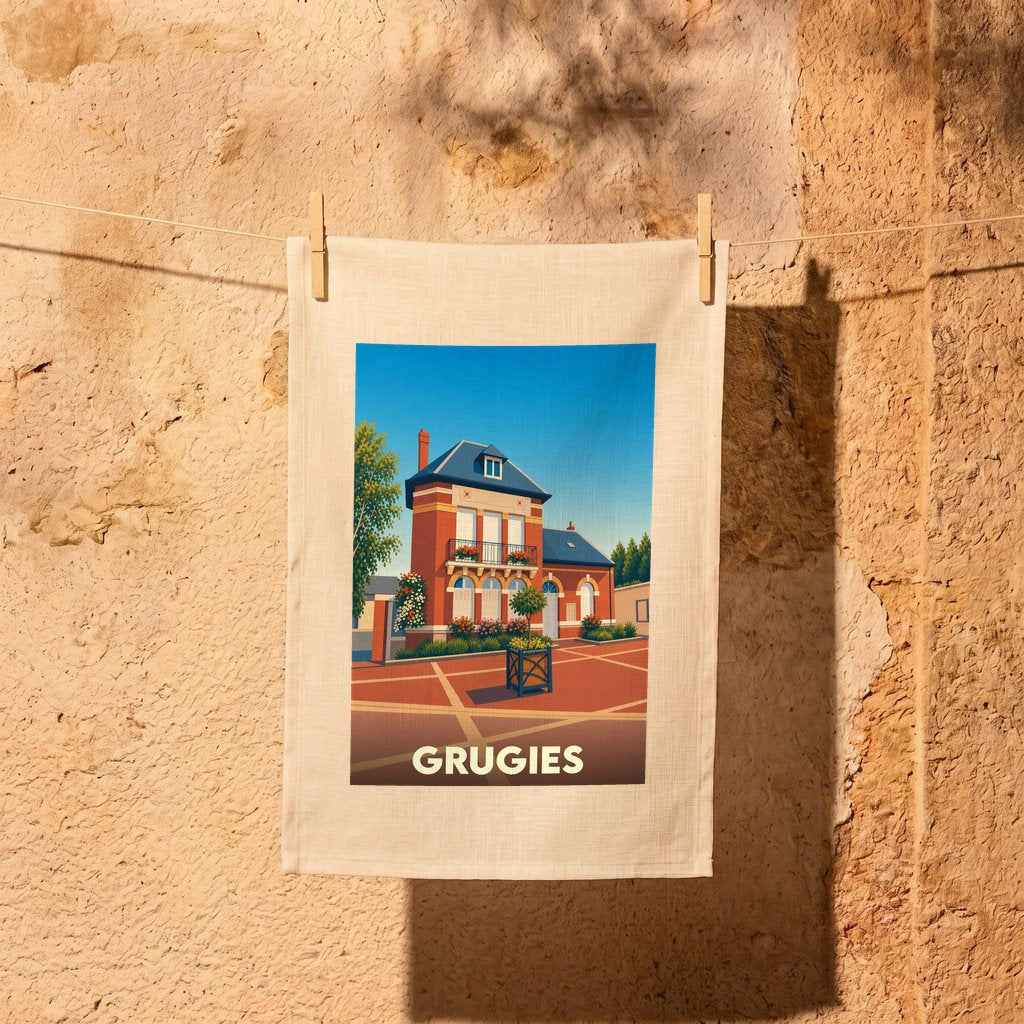 Torchon souvenir de la ville de Grugies avec une illustration stylisée d'un bâtiment emblématique.