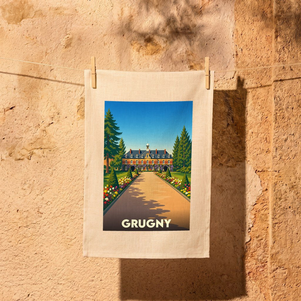Torchon souvenir de la ville de Grugny avec une illustration stylisée.