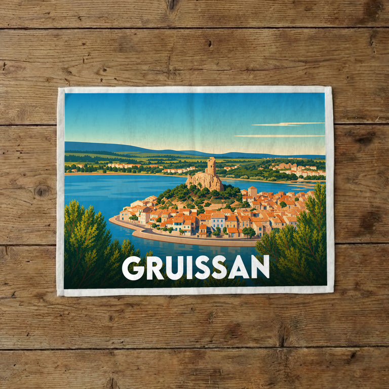 Torchon souvenir de la ville de Gruissan avec une illustration stylisée de son village en bord de mer et de sa tour.