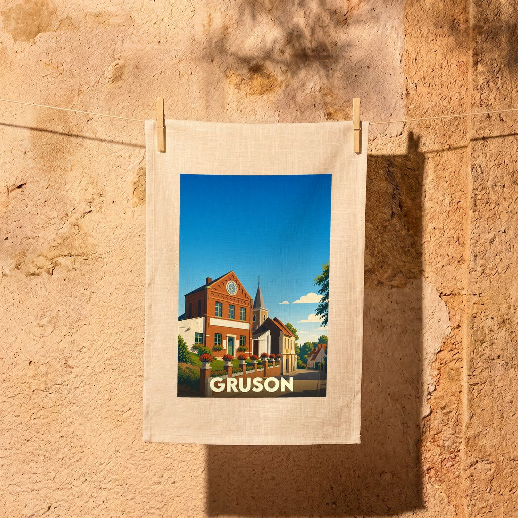 Torchon souvenir de la ville de Gruson avec une illustration stylisée.