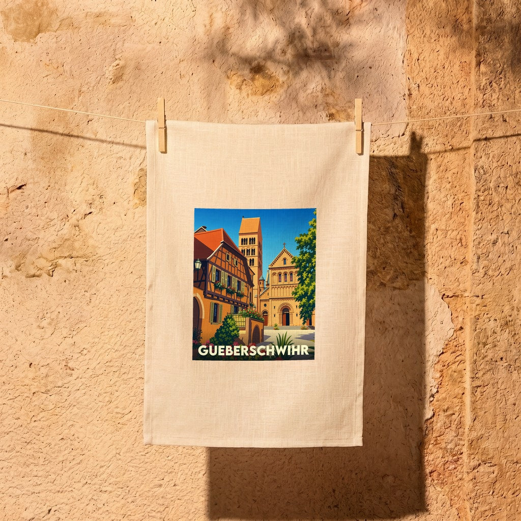 Torchon souvenir de la ville de Gueberschwihr avec une illustration stylisée de son architecture typique.